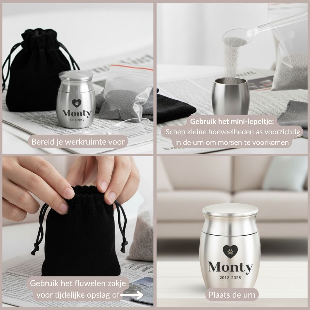 Een visuele gids in vier stappen die toont hoe je een kleine zilveren herinneringsurn voor een huisdier genaamd 'Monty' vult met een mini-lepeltje en in een fluwelen zakje bewaart